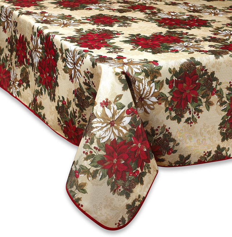 Violet Linen European Holiday Christmas Poinsettia Garden Design Printed Tablecloth - Beige - 60" by 102" Oblong/Rectangle - Image 2